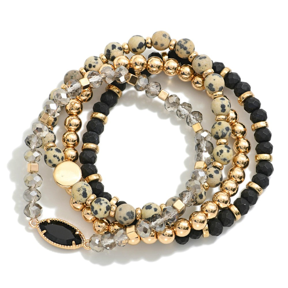 Set Of Four Beaded Stretch Bracelets Featuring Stone Beads & Gold Tones