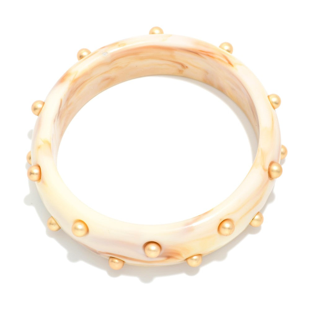 Resin Acetate Bangle Bracelet With Gold Tone Stud Accents - Ivory
