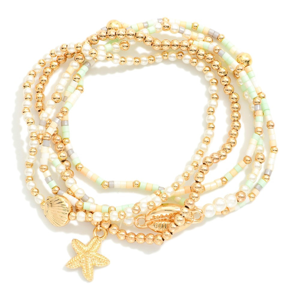 Set Of Five Beaded Stretch Bracelets Featuring Pearls, Seed Beads, & Metal Tone Sea Animal Charms - Mint