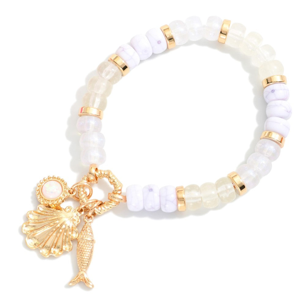 Candy Stone Beaded Stretch Bracelet Featuring Metal Tone Beach Charms - White