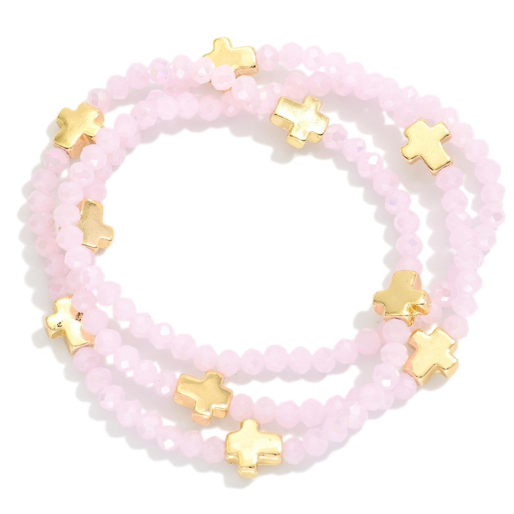 Set Of Three Faceted Bead Stretch Bracelets Featuring Metal Tone Cross Stations - Pink