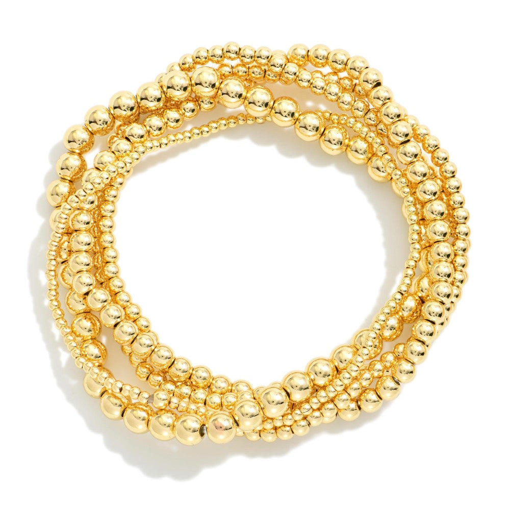Set Of Five Multi Size Metal Tone Beaded Stretch Bracelets