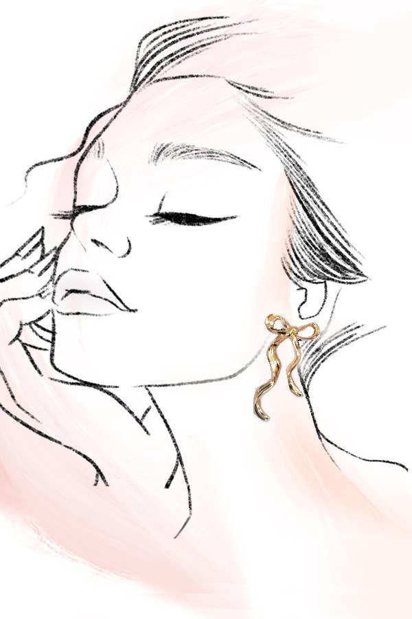 HAMMERED LONG BOW RIBBON DROP EARRINGS - GOLD