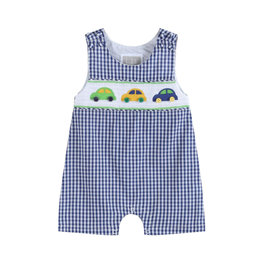 Blue Striped Car Smocked Shortalls: 18-24M
