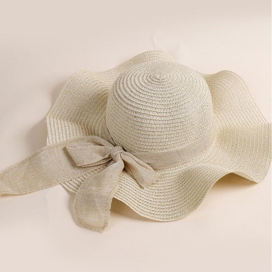 Straw Sun Hat Featuring Burlap Bow Band - Cream