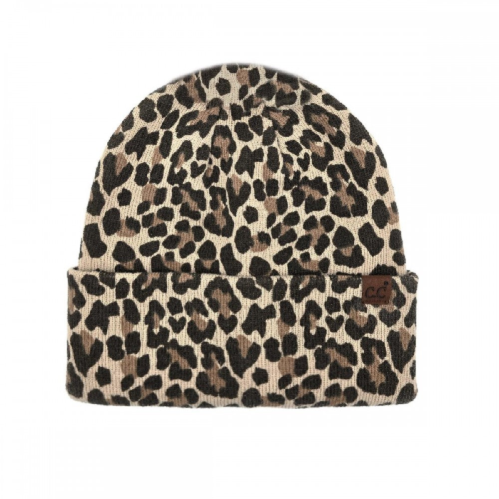 C.C Leopard Print Cuffed Knit Beanie Winter Hat