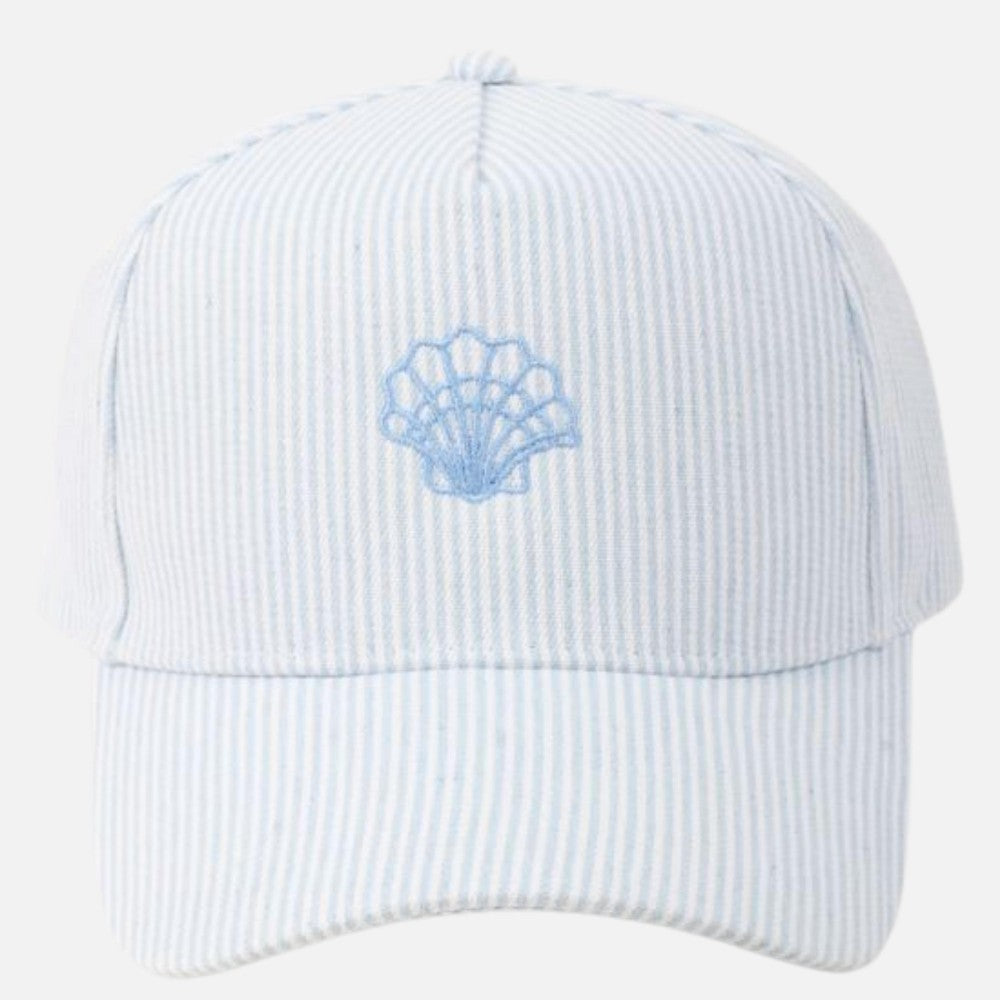 Skinny Stripe Hat With Embroidered Shell - Blue