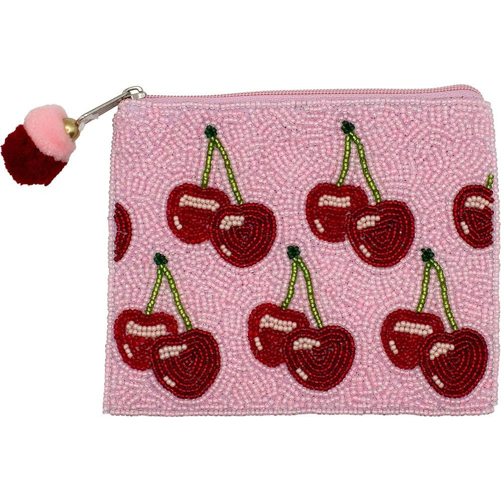 Cherries Seed Beaded Canvas Bag With Pom Pom Zipper