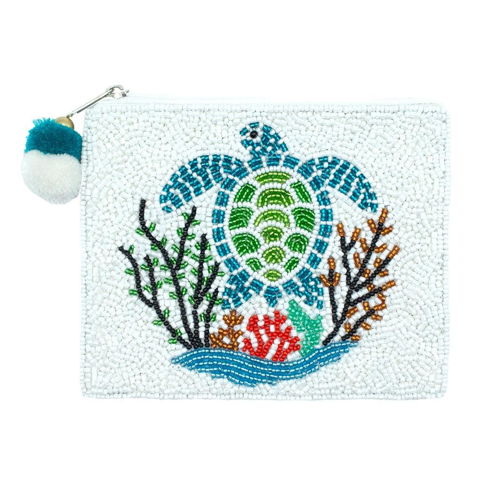 Sea Turtle & Coral Seed Beaded Canvas Bag With Pom Pom Zipper