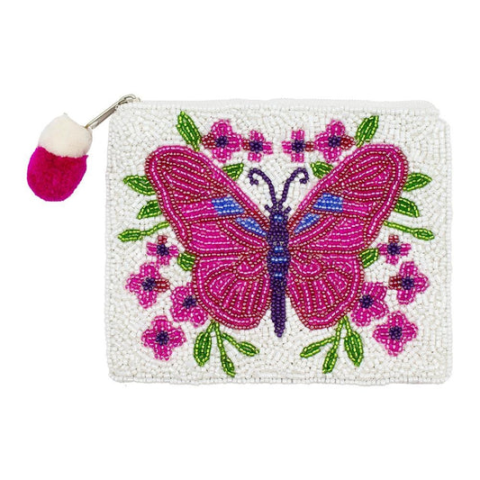 Butterfly & Flowers Seed Beaded Canvas Bag With Pom Pom Zipper