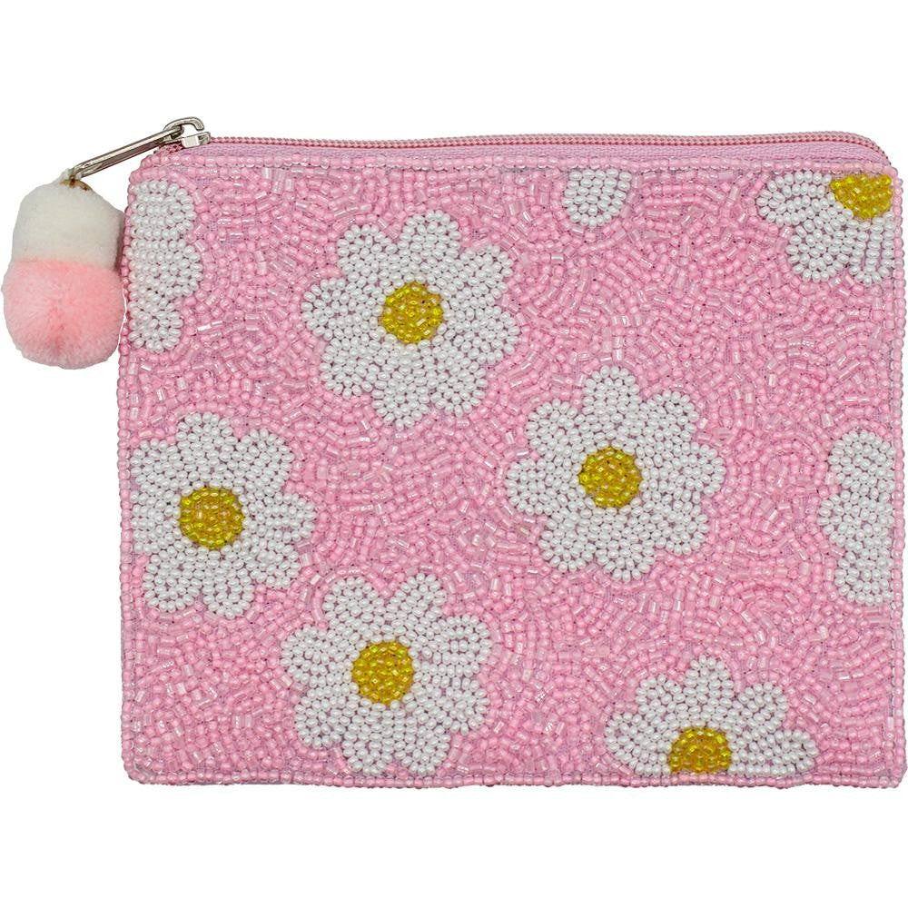 Daisies Seed Beaded Canvas Bag With Pom Pom Zipper
