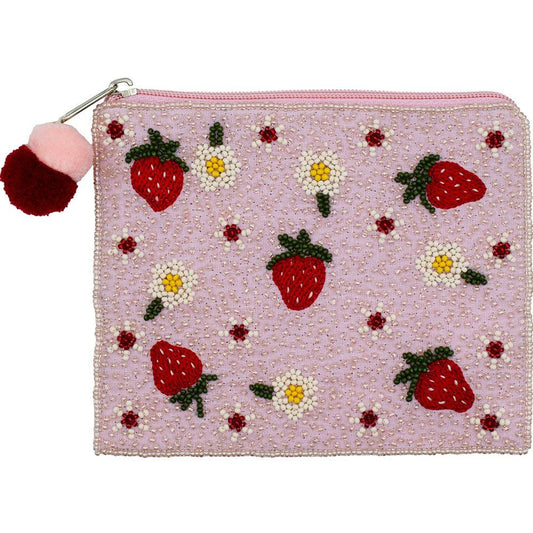 Flowers & Strawberries Seed Beaded Canvas Bag With Pom Pom Zipper