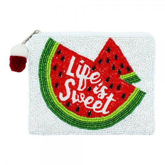 "Life Is Sweet" Watermelon Seed Beaded Canvas Bag With Pom Pom Zipper