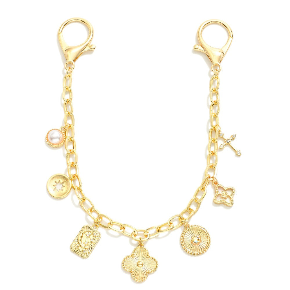 Gold Tone Bag Chain Featuring Rhinestones, Pearl, & Metal Tone Charms