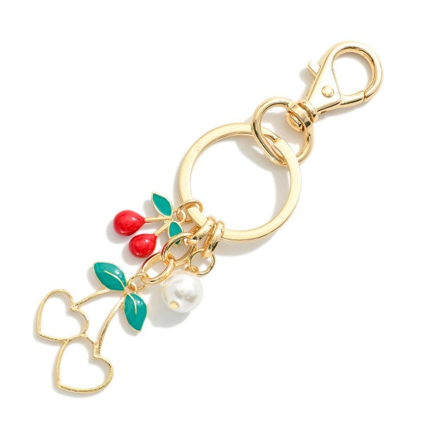 Chain Link Key Chain Featuring Cherries & Pearl Charms