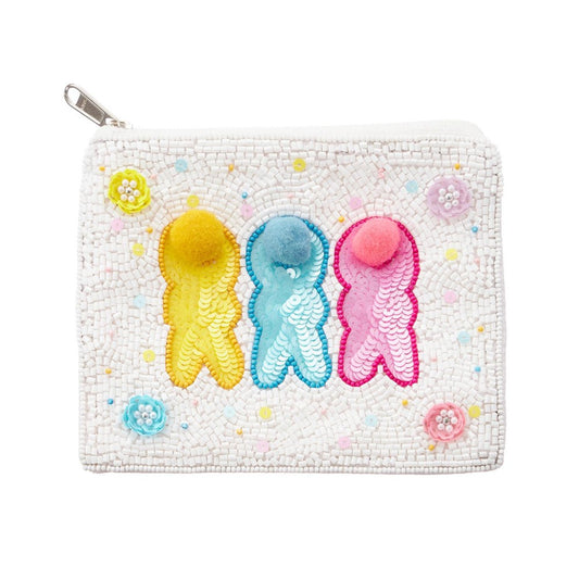 Seed Bead Coin Pouch Featuring Beaded & Pom Pom Bunnies