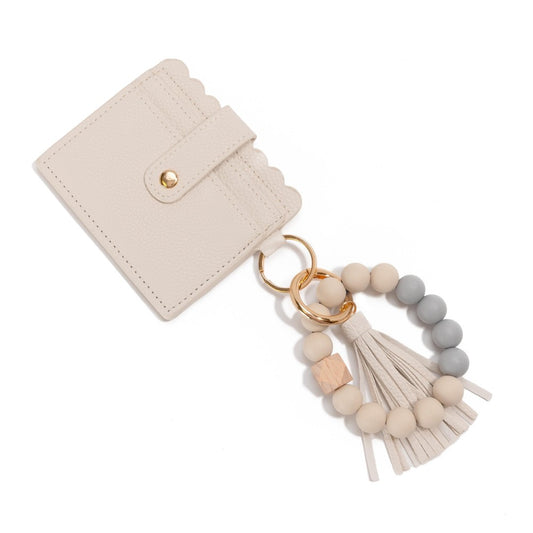 Beaded Bracelet Keyring With Vegan Leather Wallet & Tassel - Ivory