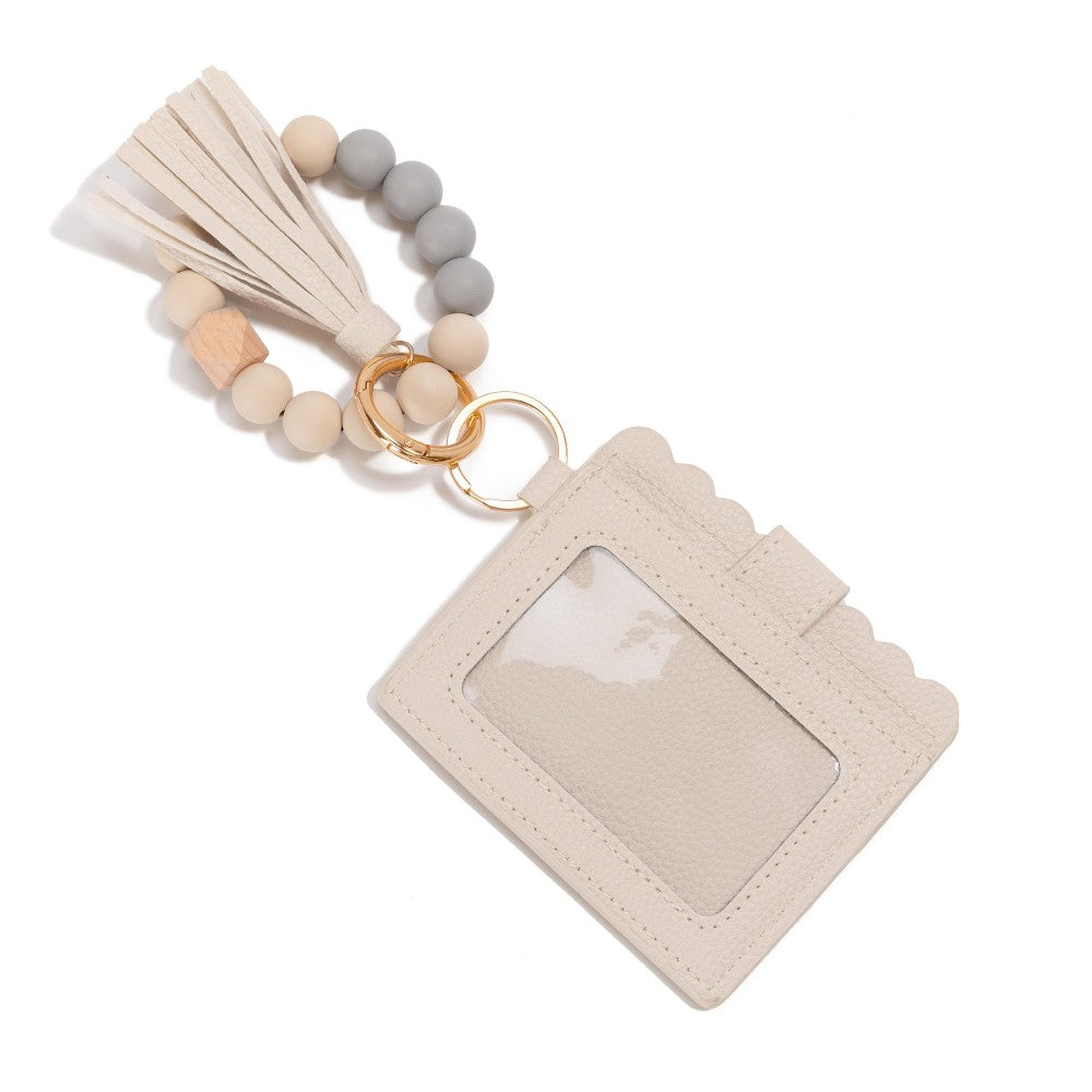 Beaded Bracelet Keyring With Vegan Leather Wallet & Tassel - Ivory
