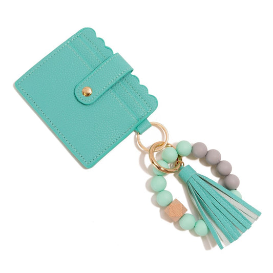 Beaded Bracelet Keyring With Vegan Leather Wallet & Tassel - Mint