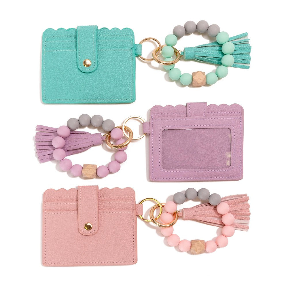 Beaded Bracelet Keyring With Vegan Leather Wallet & Tassel - Lavender