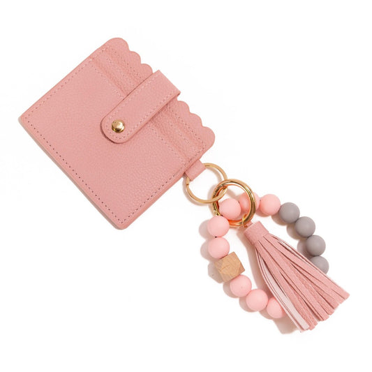Beaded Bracelet Keyring With Vegan Leather Wallet & Tassel - Blush