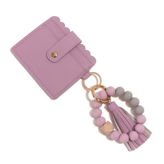 Beaded Bracelet Keyring With Vegan Leather Wallet & Tassel - Lavender