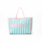 "BEACH" Terry Cloth Striped Tote Bag With Fringe Detail
