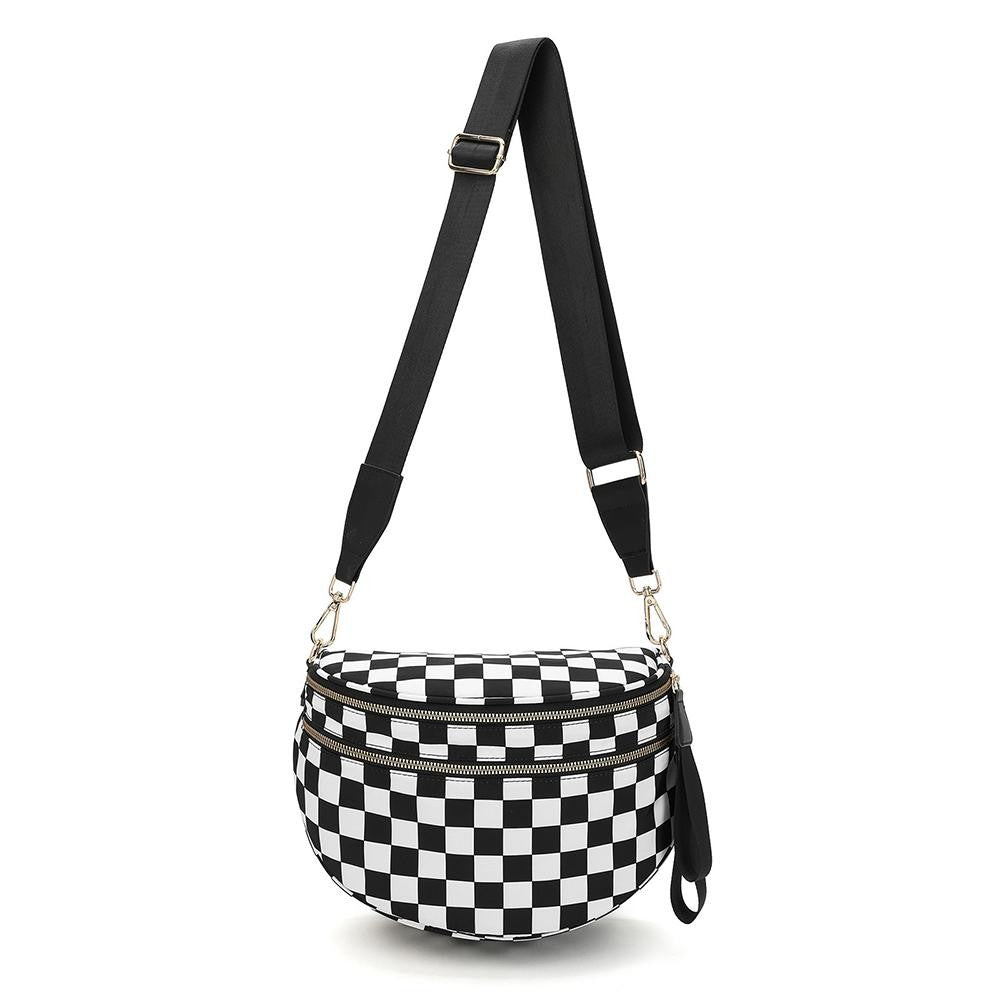 Nylon Cross Body Bag With Canvas Strap - Black Checker