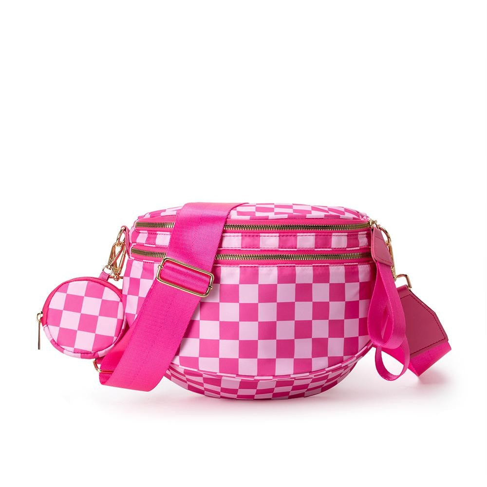 Nylon Cross Body Bag With Canvas Strap - Pink Checker