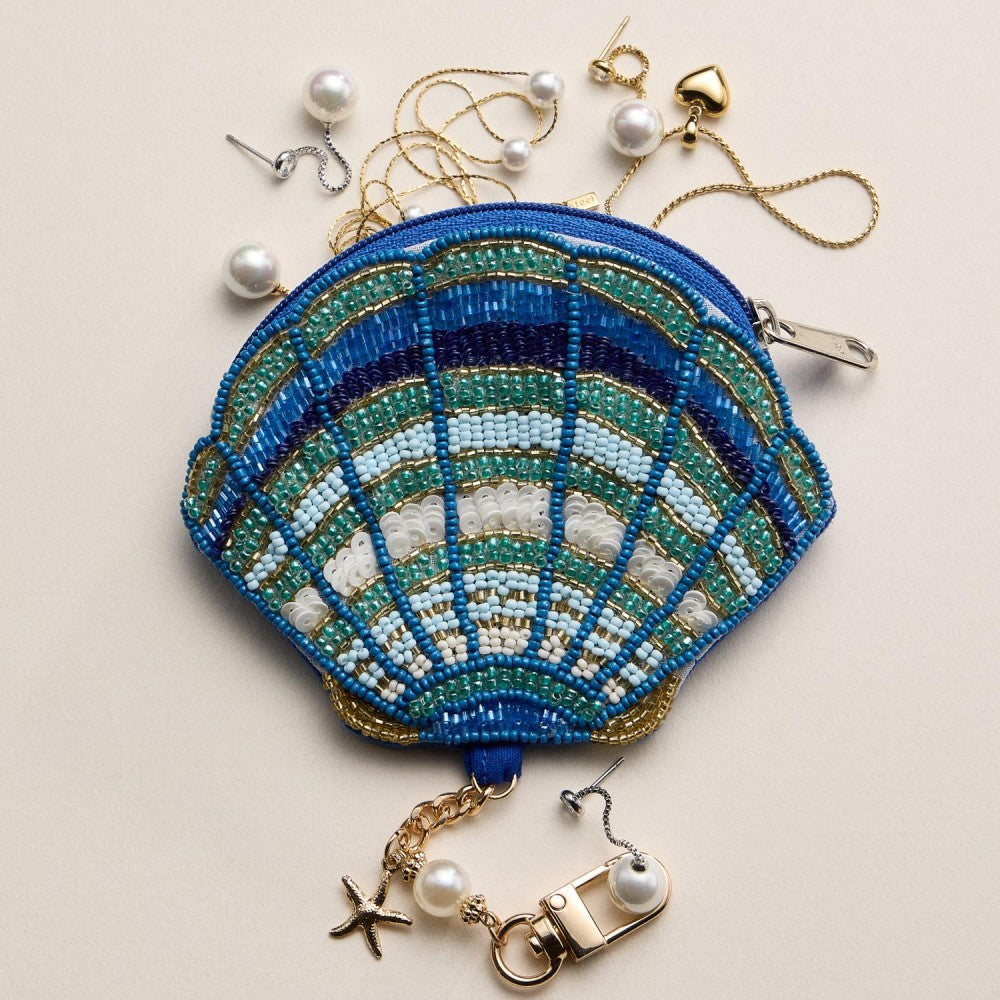 Seed Beaded Shell Pouch Key Ring - Blue