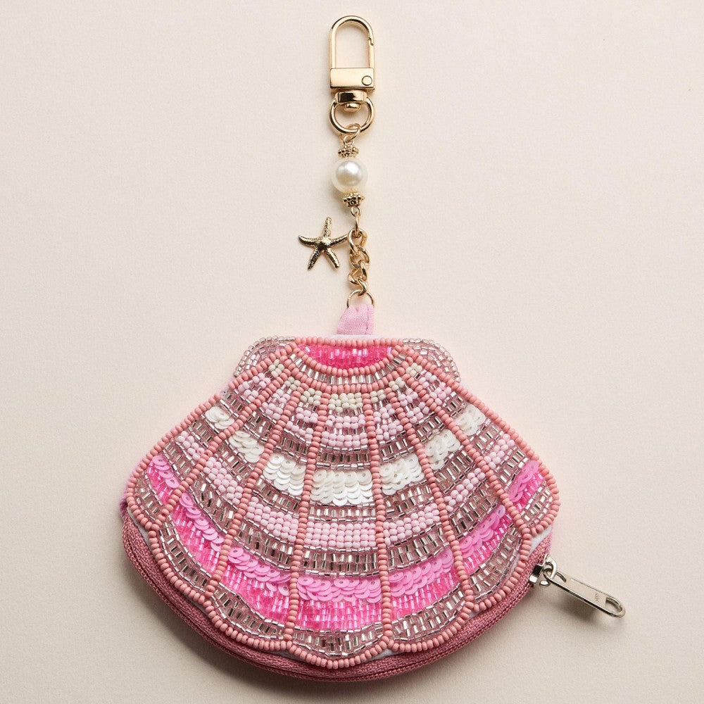 Seed Beaded Shell Pouch Key Ring - Pink