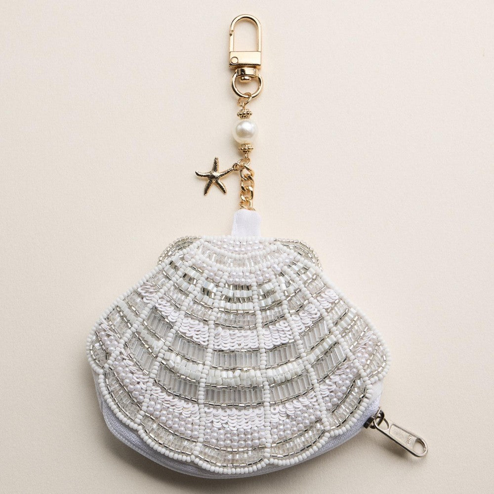 Seed Beaded Shell Pouch Key Ring - White