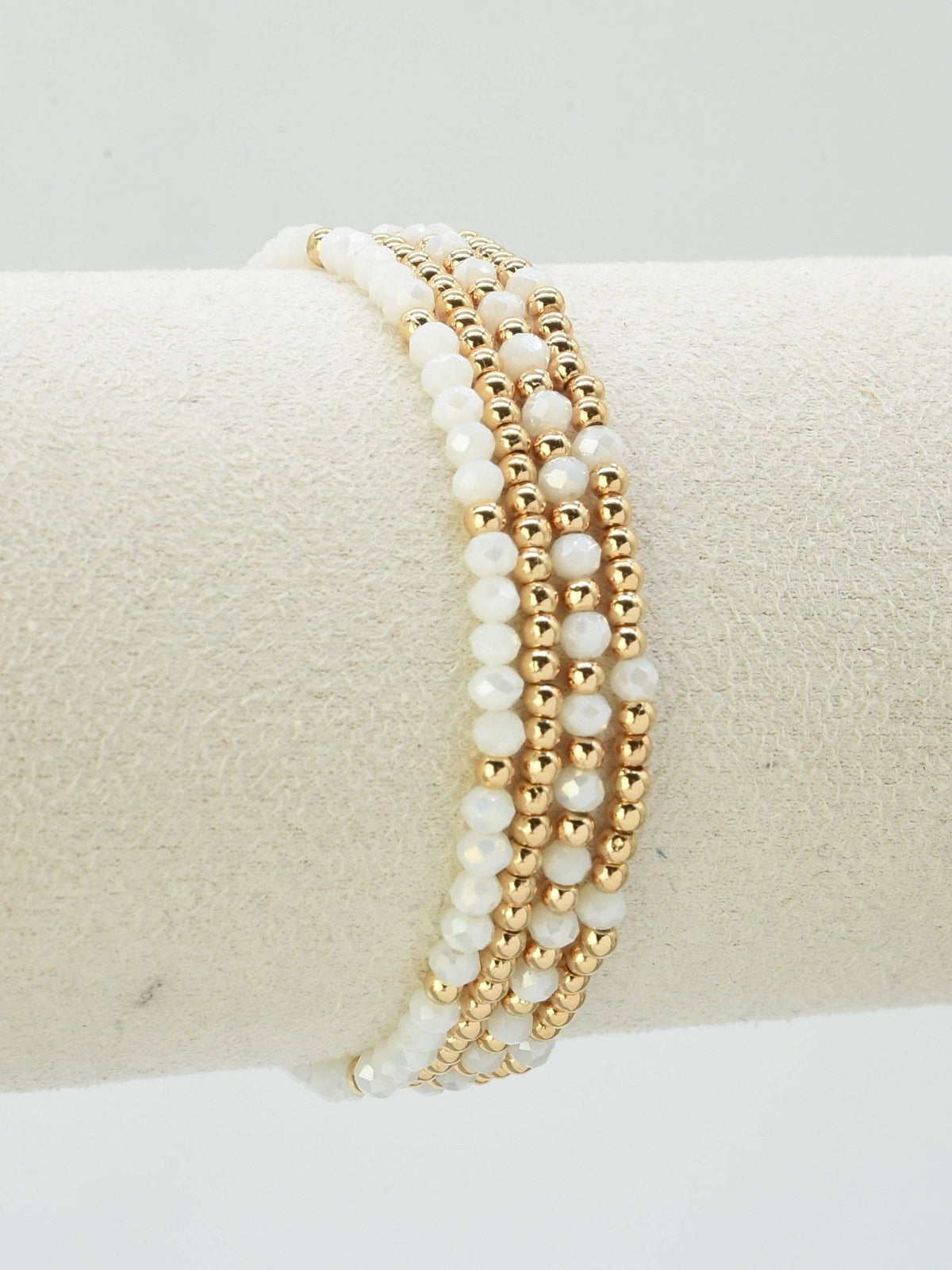 White AB & Gold Beaded Stretch Bracelet Stack Set of 4
