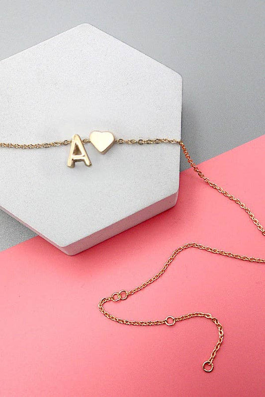 BRASS MONOGRAM INITIAL HEART CHARM NECKLACE - A