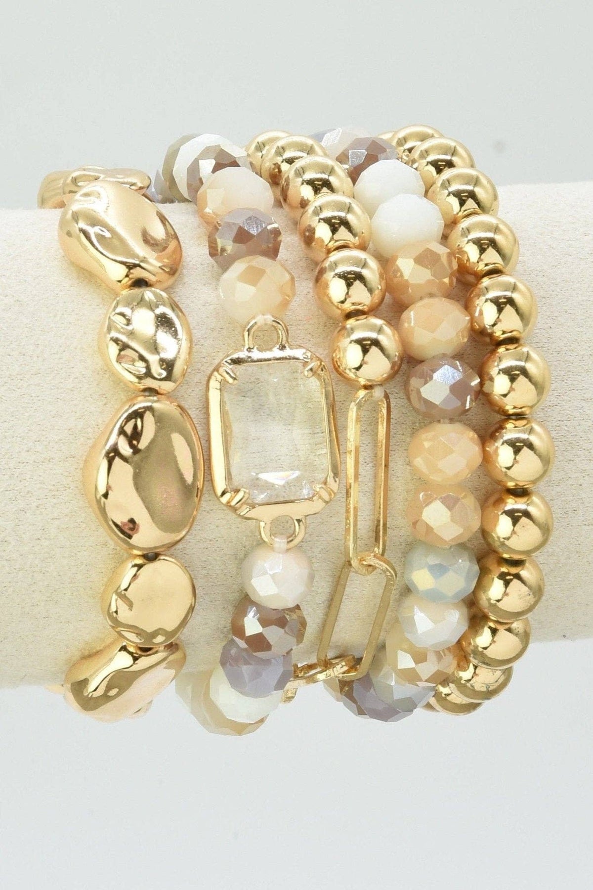 Cream Blush & Gold Beaded Stretch Bracelet Stack Set of 5