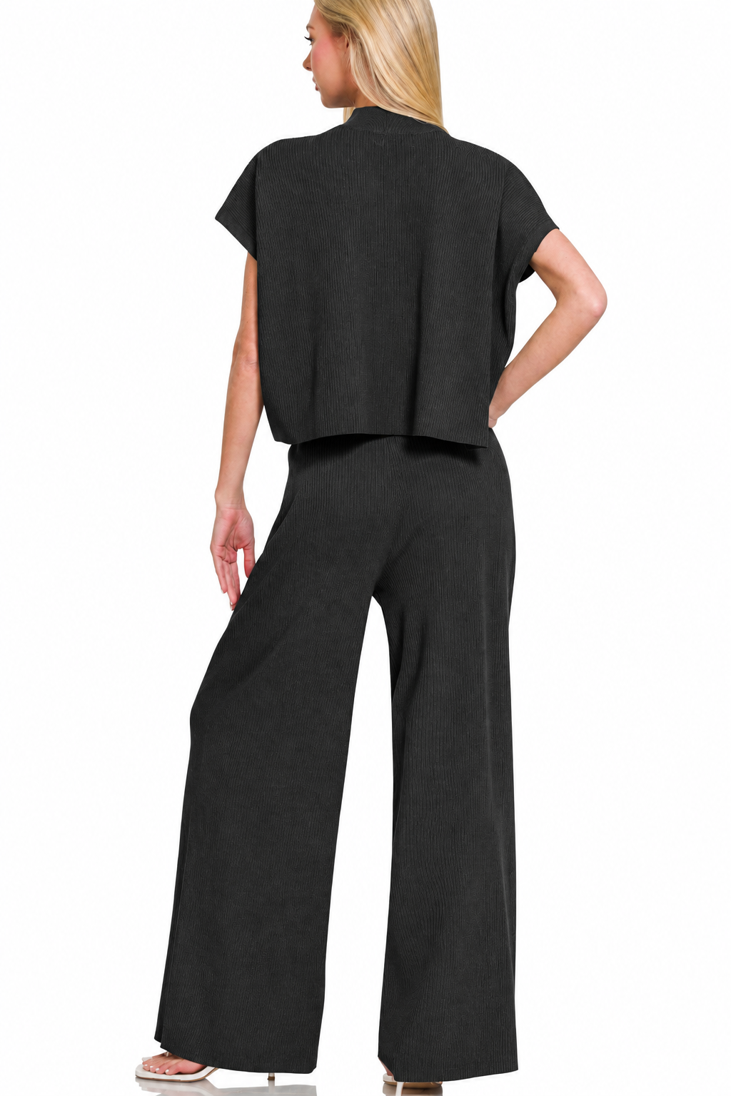 Zenana Women's Black Ribbed Knit 2 Piece Lounge Set Wide Leg Pants Short Sleeve Top