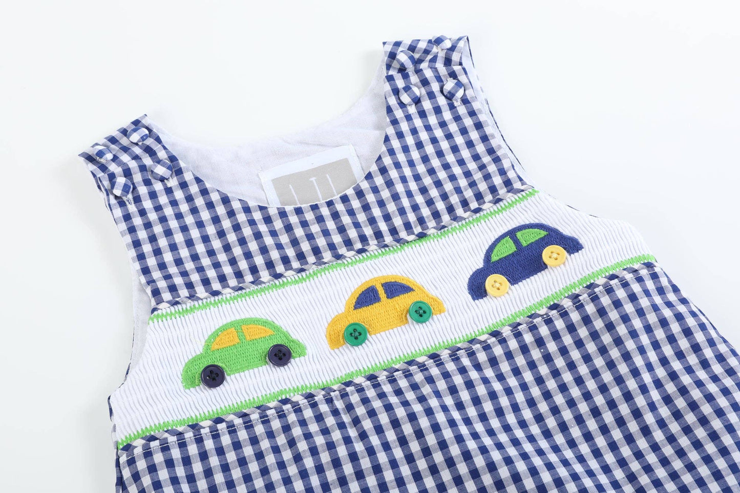 Blue Striped Car Smocked Shortalls: 12-18M