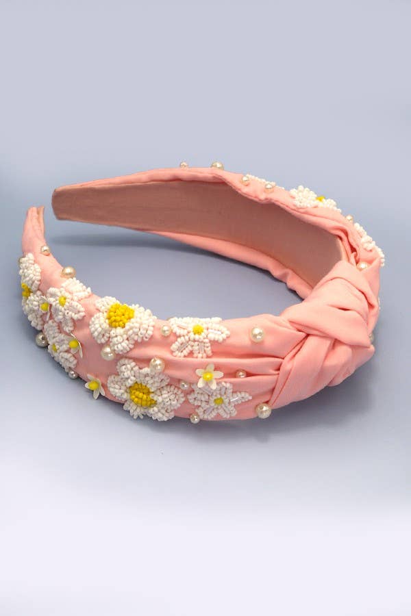 SEED BEAD DAISY FLOWER KNOTTED HEADBAND - Pink
