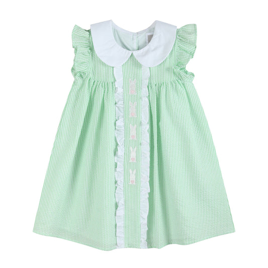 Green Seersucker Easter Bunny Ruffle Dress: 18-24M