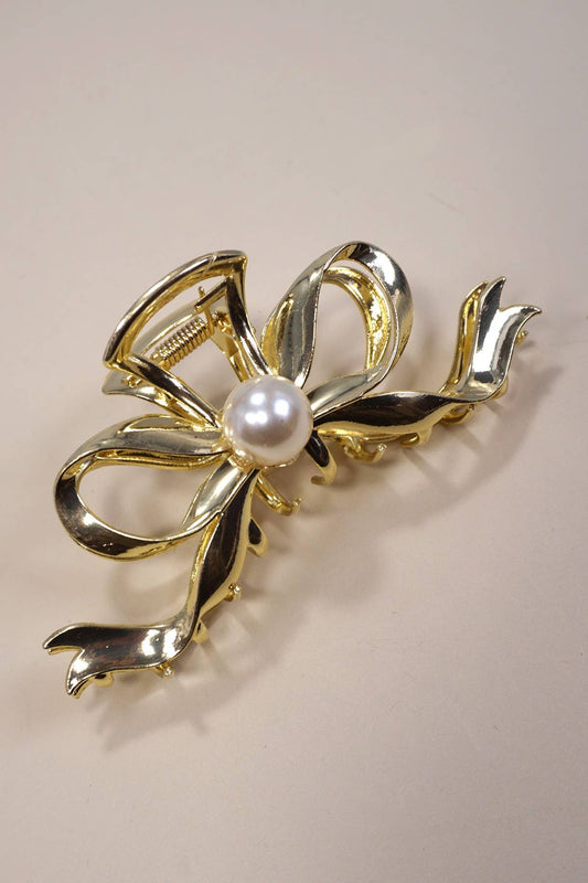 XTRA LARGE BOW PEARL STUDDED HAIR CLAW CLIPS - Gold