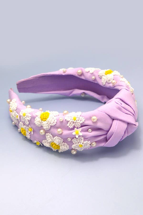 SEED BEAD DAISY FLOWER KNOTTED HEADBAND - LILAC