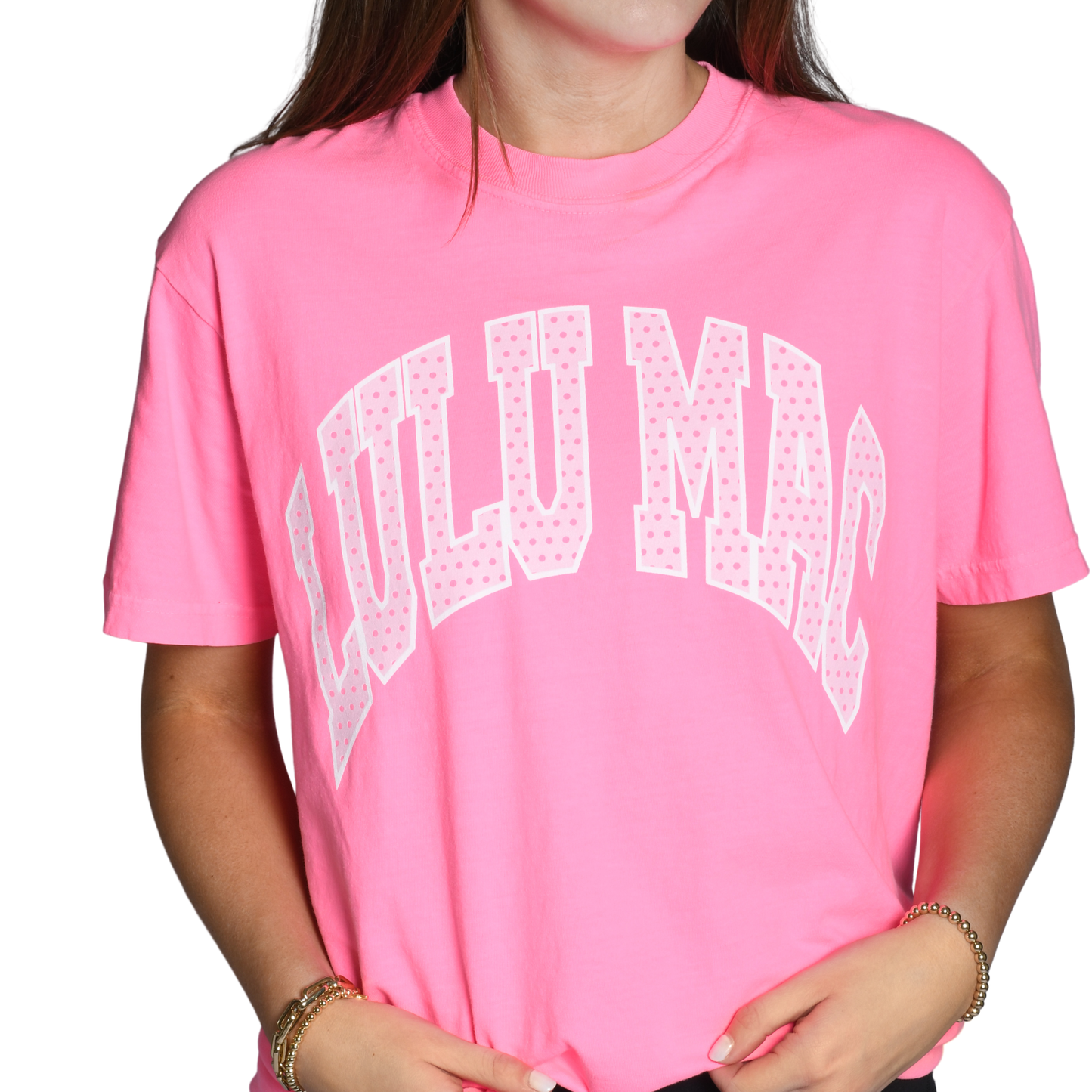 LULU MAC Polka Dot Adult Neon Pink Comfort Colors Tee: Neon Pink / Medium