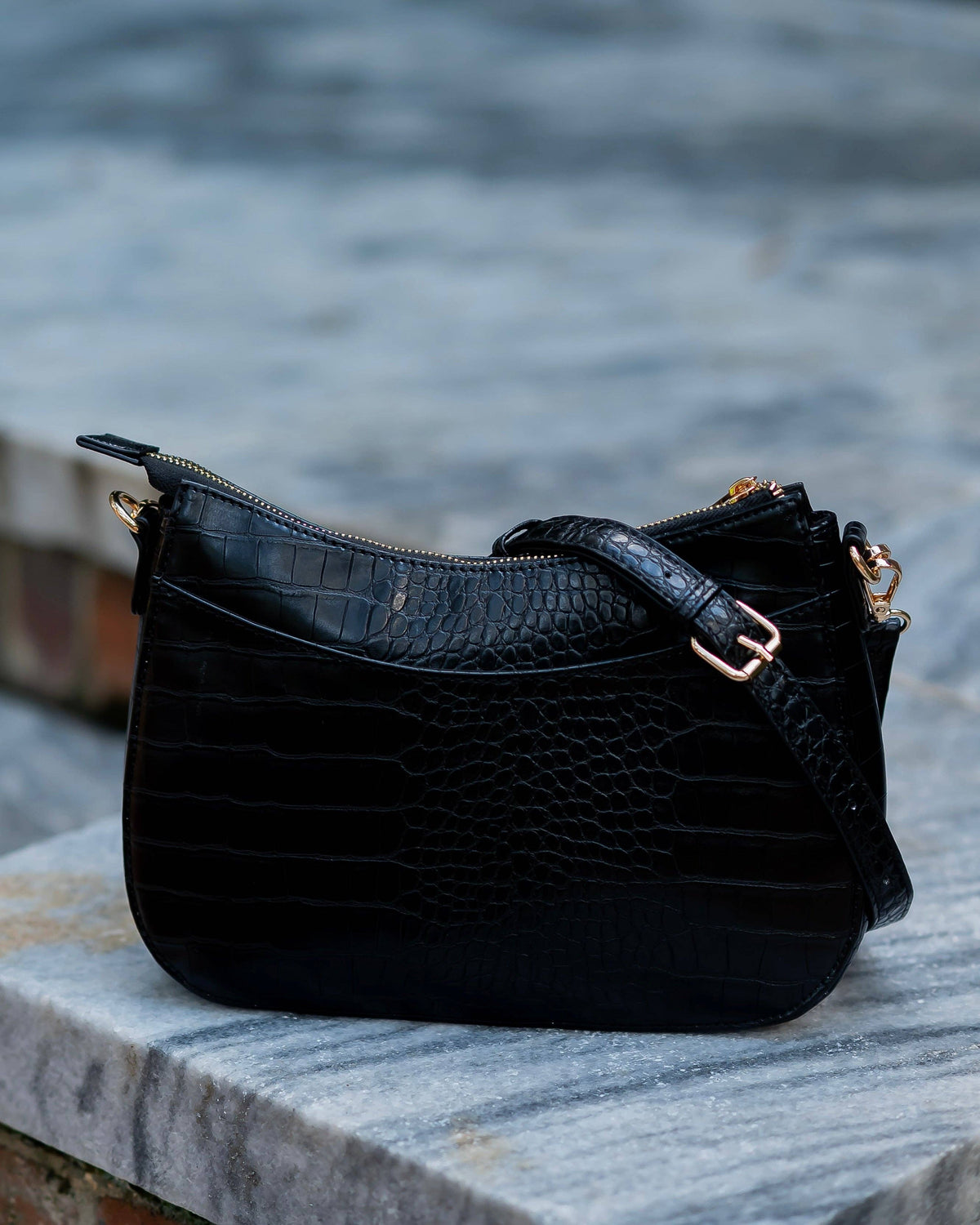 Caroline Hill Charlee Black Croc Embossed Crossbody Bag