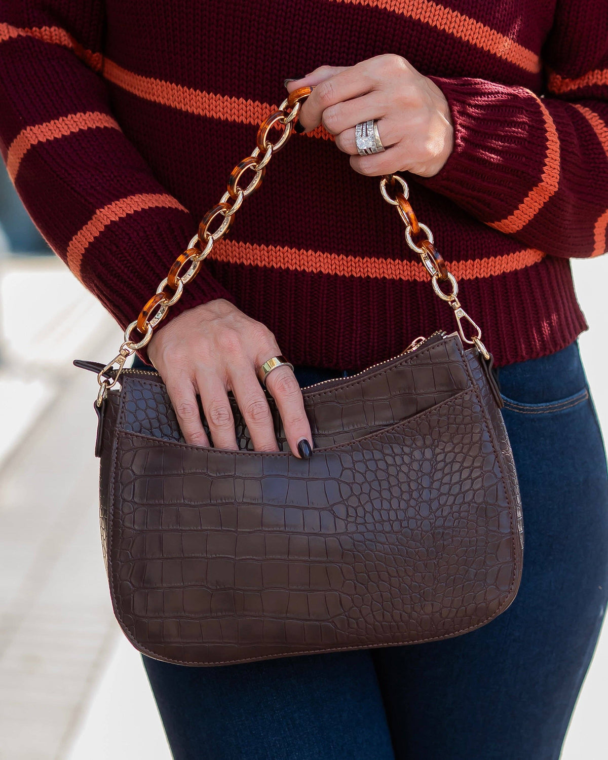 Caroline Hill Charlee Chocolate Brown Croc Embossed Crossbody Bag