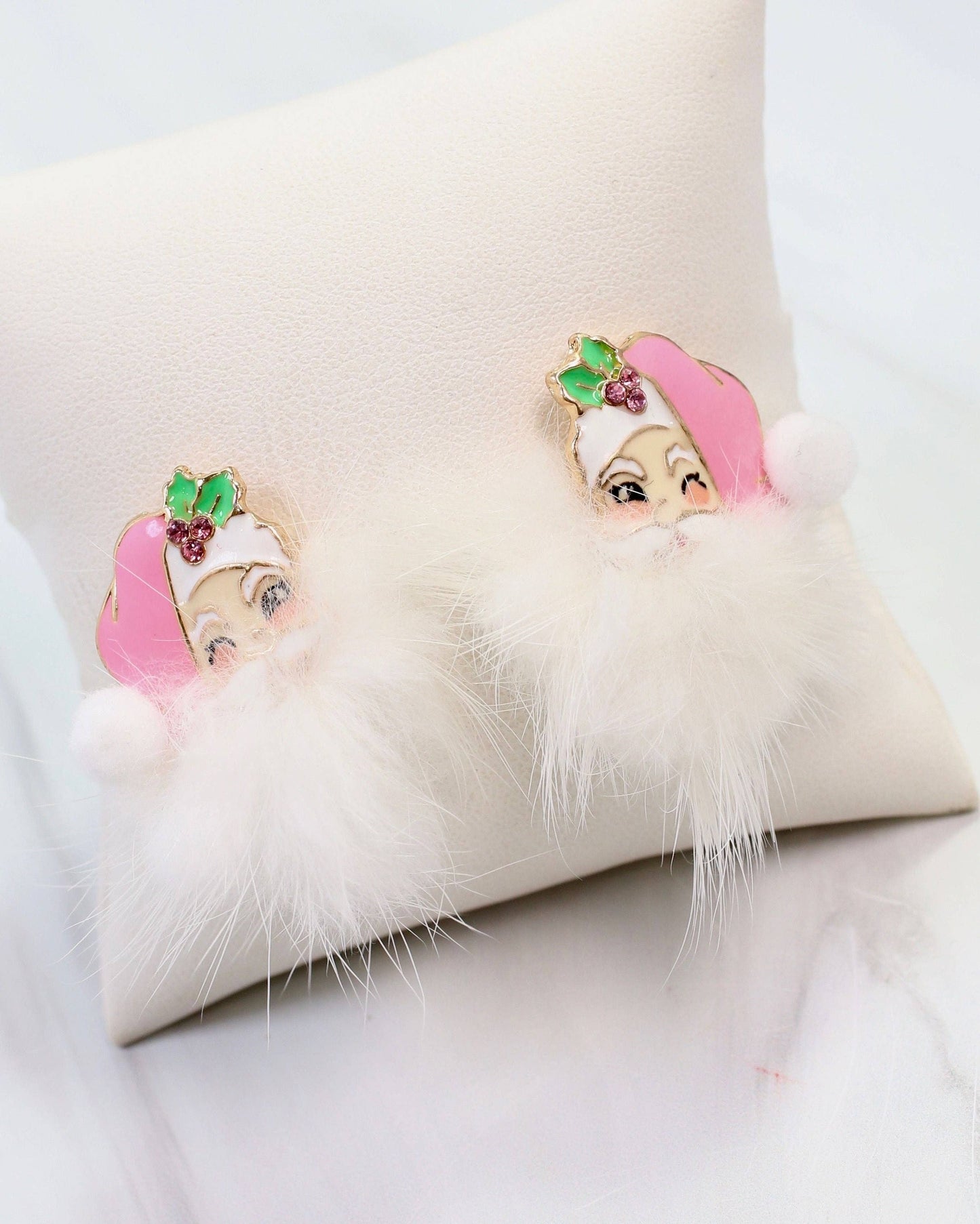 Caroline Hill Pink Fuzzy Santa Earrings Faux Fur Pom Pom Christmas Studs
