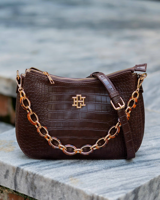 Caroline Hill Charlee Chocolate Brown Croc Embossed Crossbody Bag