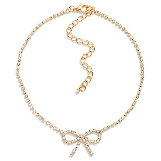 Rhinestone Studded Bow Choker - Gold