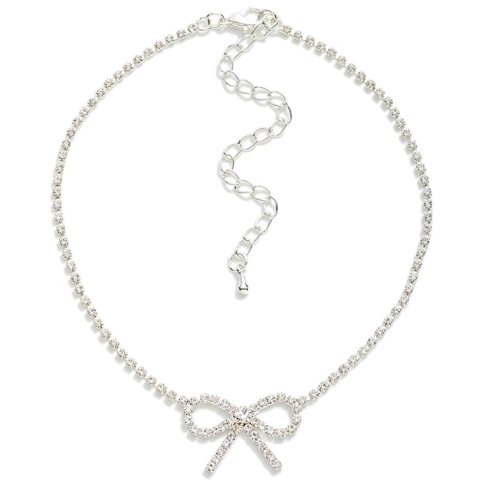 Rhinestone Studded Bow Choker - Silver