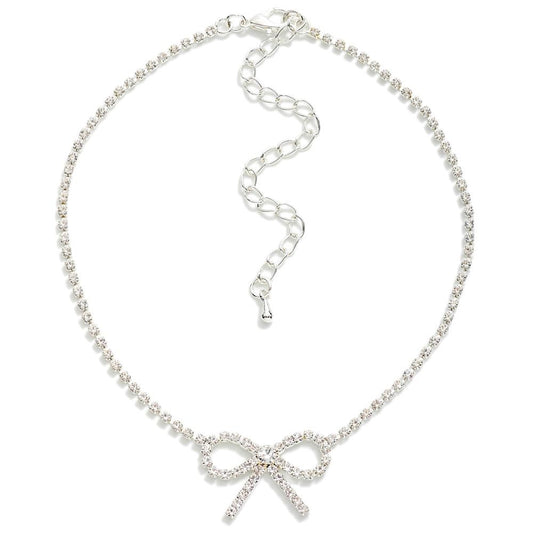 Rhinestone Studded Bow Choker - Silver