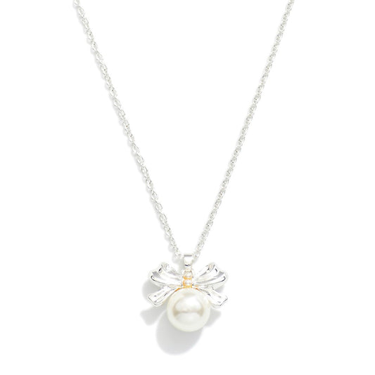 Chain Link Necklace Featuring Pearl and Bow Pendant - Silver